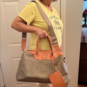 Anne Klein Tan and Brown Geometric Duffle bag
